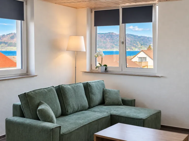 Grünes Sofa im Wohnbereich, dahinter Blick auf den Bodensee durch die Fenster – AVIVA Seepanorama in Bodman