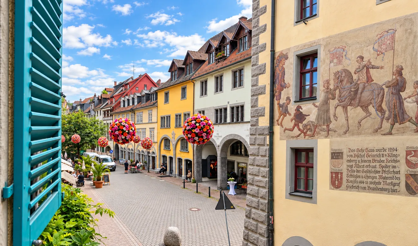 Bildmontage einer Konstanzer Altstadtgasse mit türkisfarbenem Fensterladen und bemalter Fassade