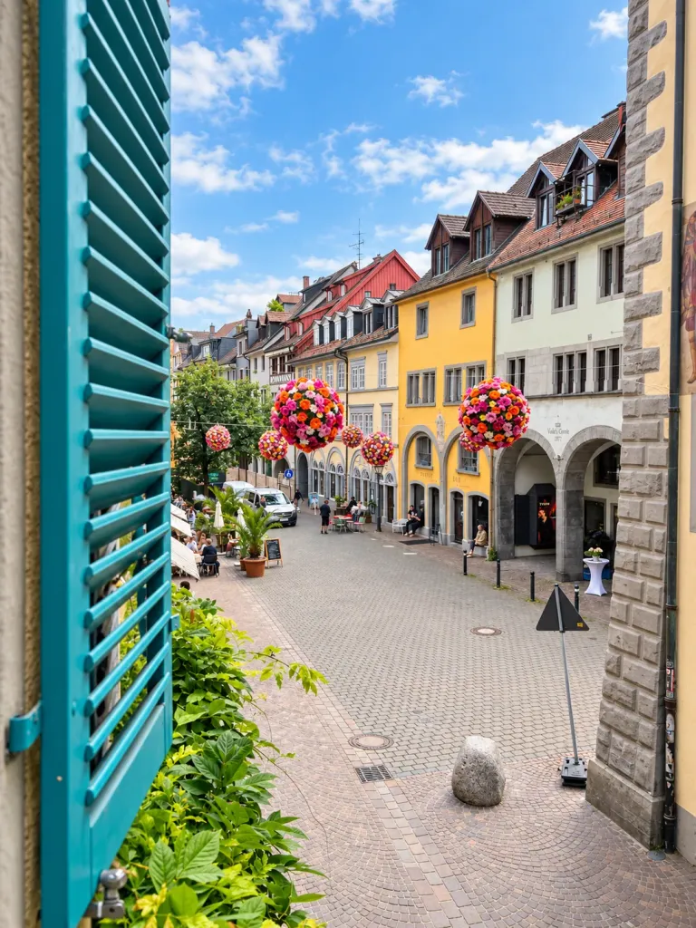 Blick aus dem Fenster mit türkisen Fensterläden auf eine Altstadtgasse in Konstanz – Zum Wilden Mann in Konstanz