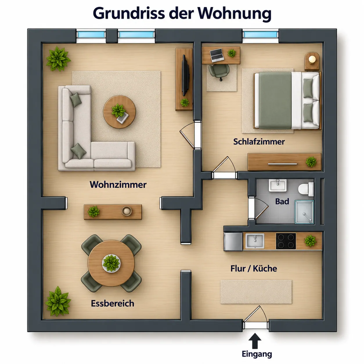 Grundriss der Wohnung mit Wohnzimmer, Schlafzimmer, Bad, Flur/Küche und Essbereich – Zum Wilden Mann in Konstanz
